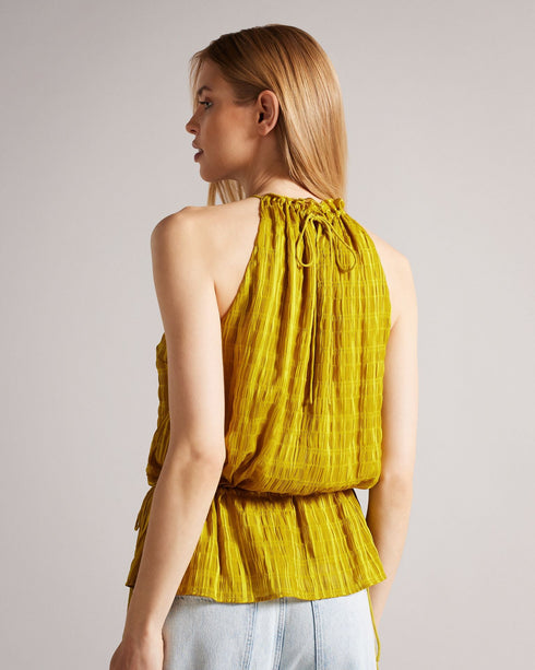 CLIARA-Tops-Make waves in CLIARA. Paired with tailored trousers for the office or dress it down for the weekend with your favorite pair of jeans, what really makes this halter top special is the shirred texture that complements the subtle peplum shape. Halter neck top Drawstring waist Shirred texture Self tie fastening Peplum waist Gathered neckline Karolina is 5'10" / 1.78m and wears Medium Yellow a Ted size 1- Ted Baker Romania